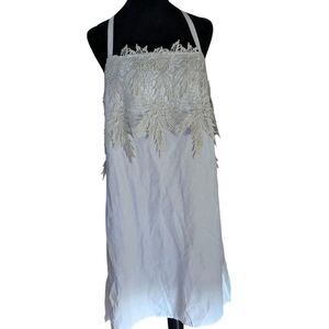 BCBGMAXAZRIA Halter Tunic Dress L Linen Tencel White Glam Boho Lace Overlay